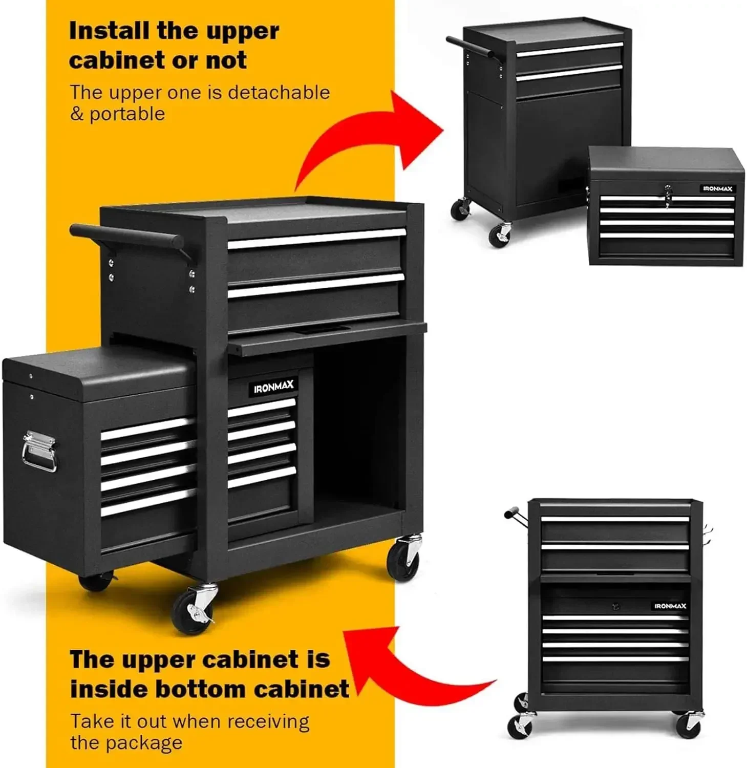 صندوق أدوات دوار مكون من 6 أدراج، منظم صندوق أدوات 3 في 1 مع نظام قفل تلقائي وعجلات قابلة للقفل وأدراج منزلقة