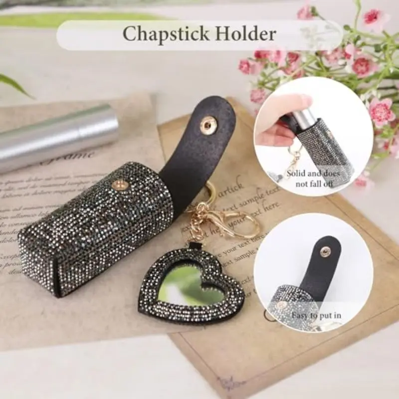 Lipstick Organizer Keychain, Rhinestone Lipstick Case with Mirror for Women, Portable Lipstick Leather Holder Lip Gloss Bag Lip