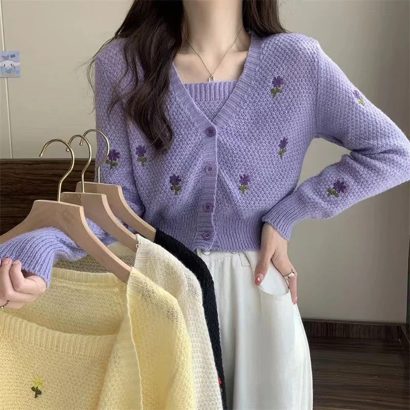 Women Set Fashion Sweet Embroidery Floral Knitwear Suit Woman V Neck Long Sleeve Cardigan + Knitted Tank Sleeveless Cropped Top