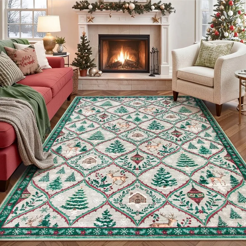 Christmas‑Themed Vintage Rug Christmas Tree & Elk Holiday Large Living Room Carpet Non‑Slip Washable Festive Area Floor Mat