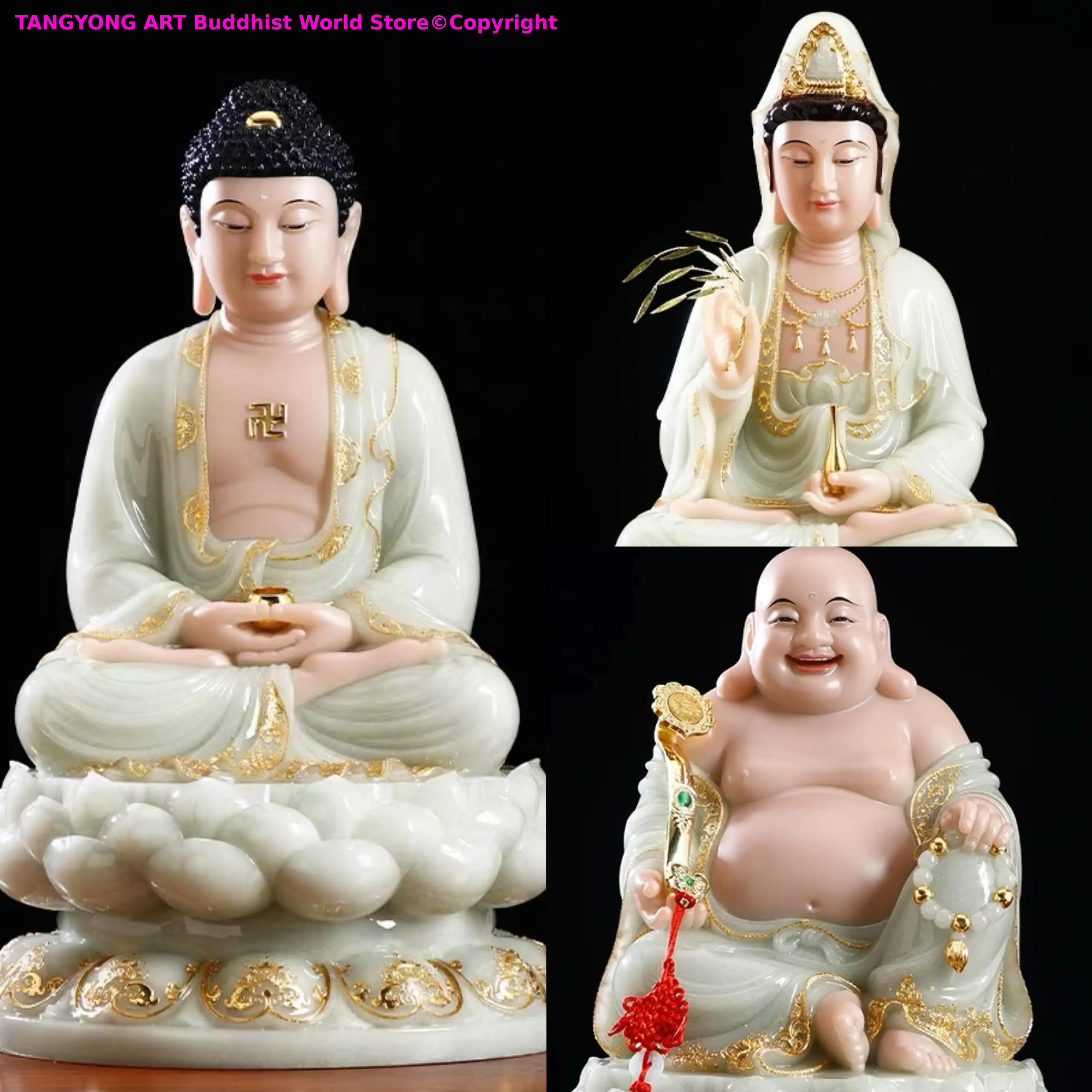 HOME Worship family Offering High end Jade FO jade gods statue gold painted jade GUAN YIN PUSA Wealth Bless safe health lucky
