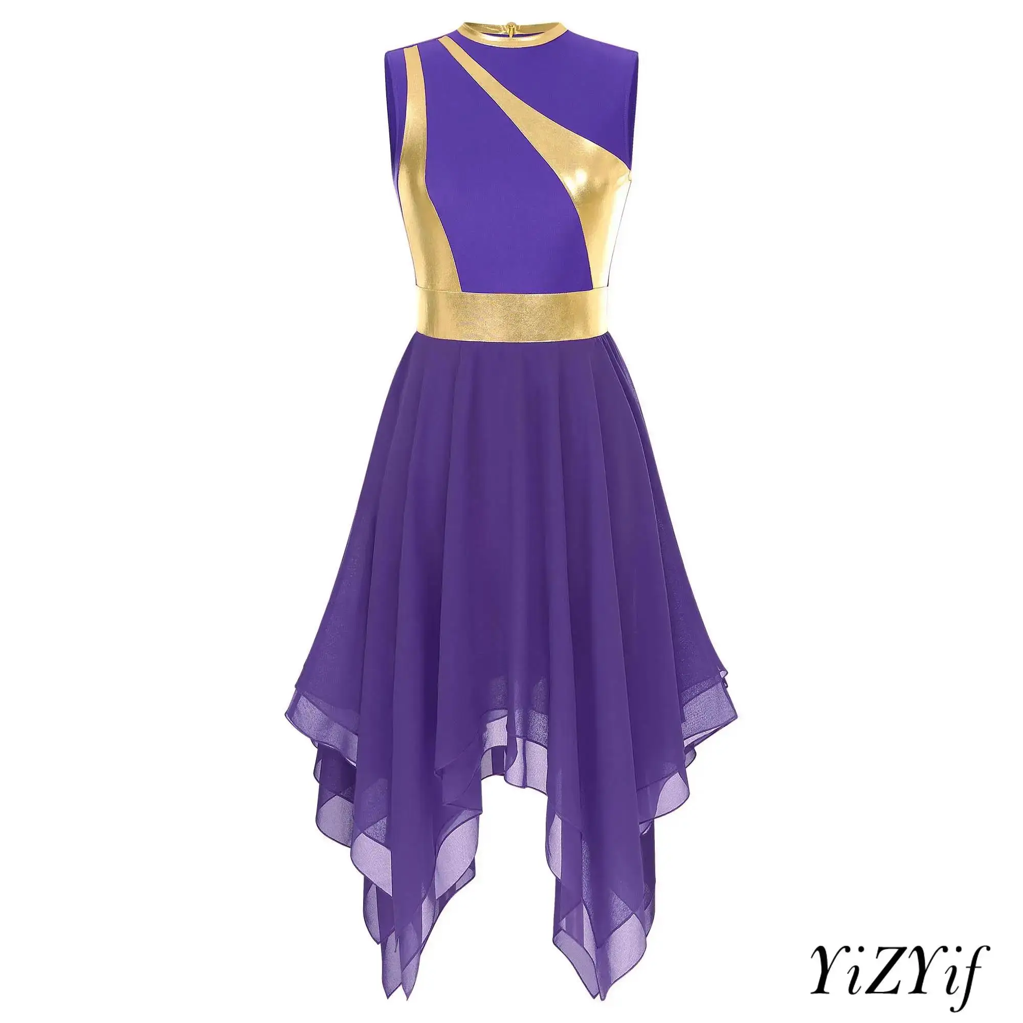 

Women's Color Block Lyrical Performance Dress Gown Shiny Waistline Round Neck Design 2-Layer Chiffon for Stage Performance Prom