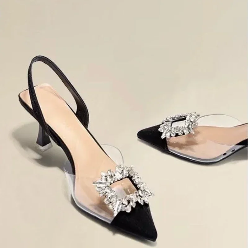 Women Single Shoes Designer Woman Pointed Toe High Heel Square Buckle Rhinestones Transparent Splicing High Heeled Sandals