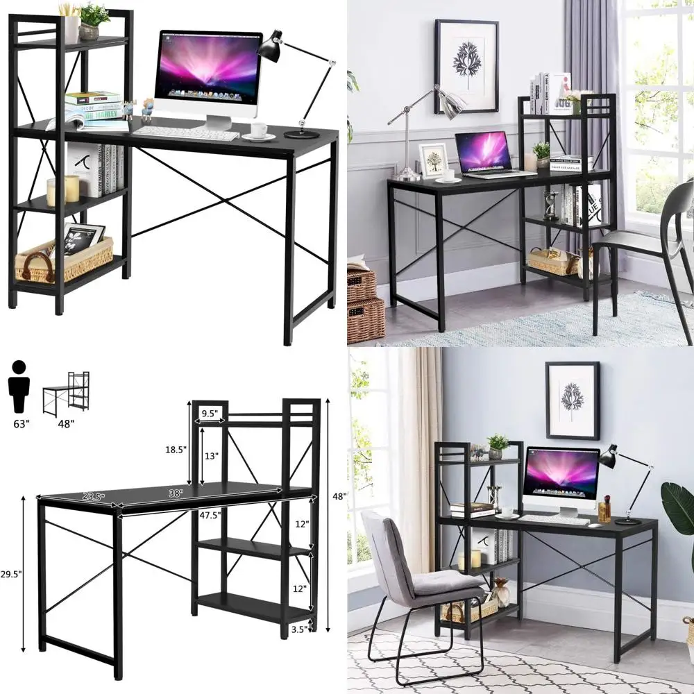 

Compact 4-Tier Shelves Computer Desk, Modern Study Writing Table with Storage, Home Office Workstation
