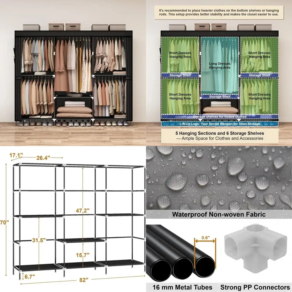 

Black Portable Wardrobe with 5 Rods and 6 Shelves for Bedroom Clothes Storage