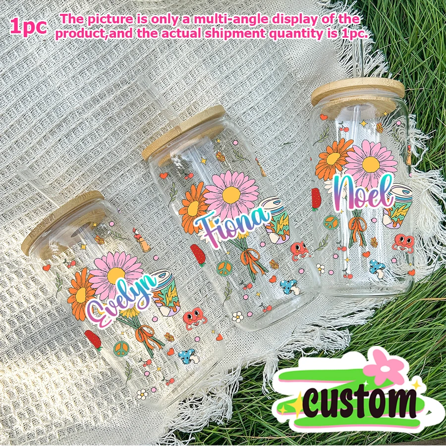 1pc Customized daisy flower strawberry Printed 16oz Glass Cup with Bamboo Lid&straw Drinkware Gifts for Birthday Back-to-School
