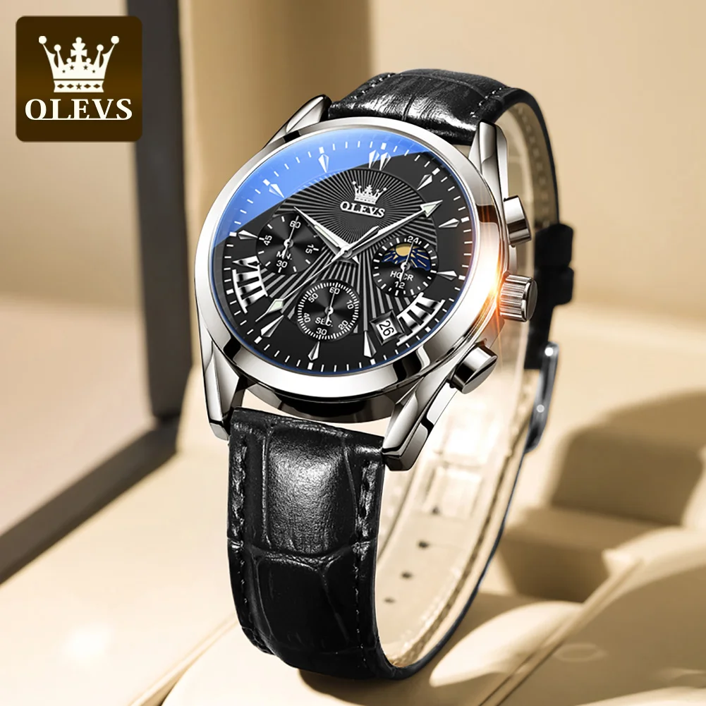 OLEVS 2876 Genuine Leather Strap Quartz Watcges for Men Waterproof Chronograph Moon Phase Auto Date Luxury Top Men\'s Wrist Clock