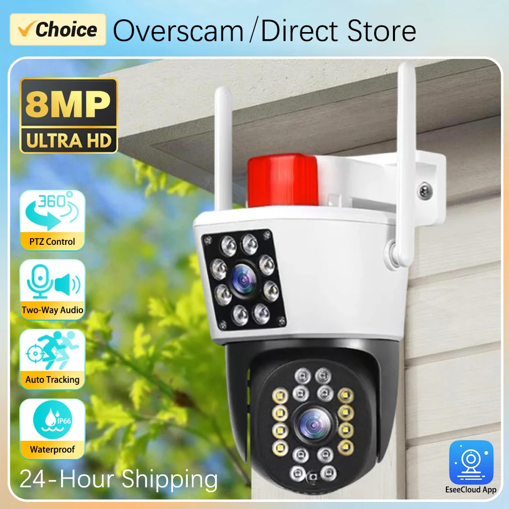 4K 8MP Dual Lens Dual Screens WiFi PTZ IP Camera Outdoor Waterproof Two-Way Audio Wireless CCTV Security Surveillance EseeCloud