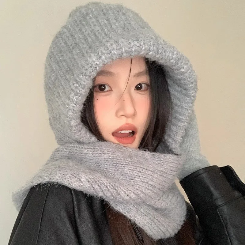 Hot-Selling Milk Tea Color Hooded Scarf Hat For Women Korean INS Style Winter Lazy Style Warm Knitted Solid Color Shawl Hat ﻿