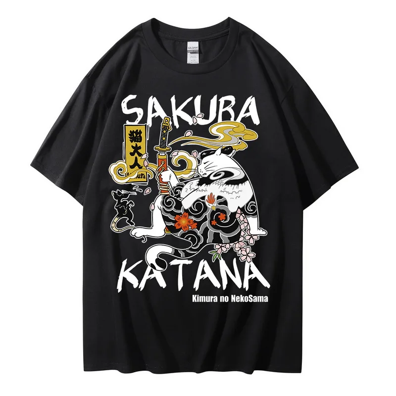 New  Unisex Skateboarding T-Shirt SAKURA KATANA Printed Cotton Top for Boys And Girls Streetwear Fashion