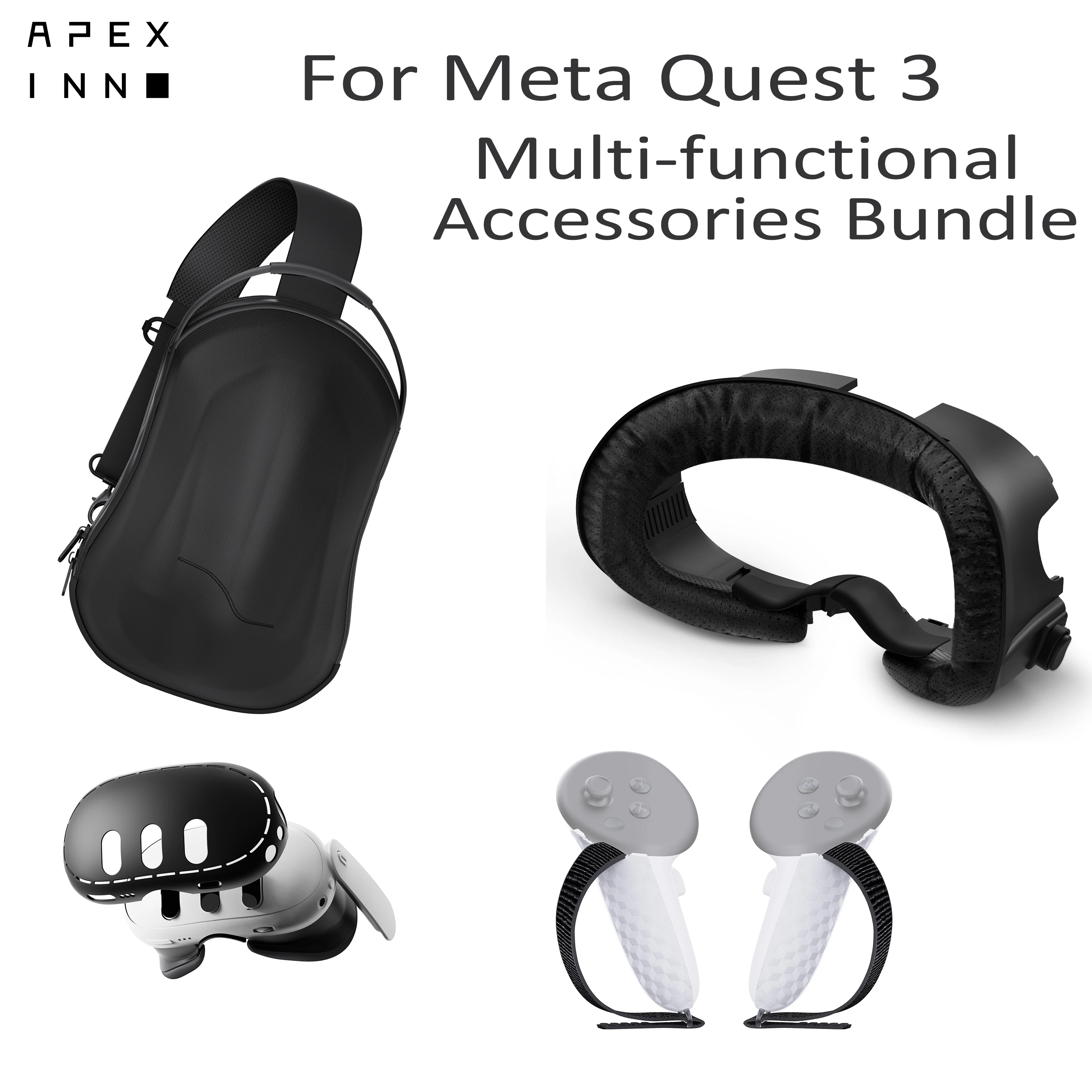 

APEXINNO For Meta Quest 3 4 In 1 Set Storage Bag/ Facial Interface/ Battery Strap/ Shell Cover for Meta Quest 3 VR Accessories