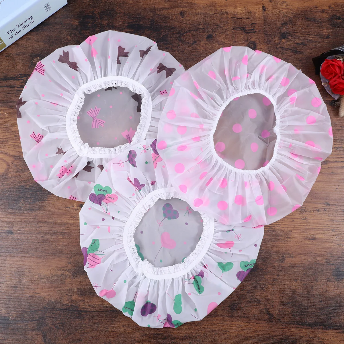 

3pcs Waterproof Shower Caps Heart Balloon Bowknot Pink Dot Decor Durable Plastic Hair Protection Bath SPA Salon Travel for Most