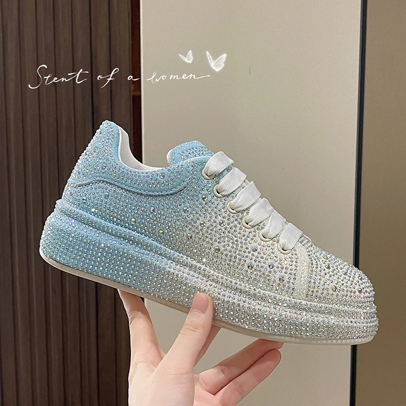 Luxury Women Platform Casual Sneakers Rhinestones Thick-soled White Silver Shoes for Women Shining Crystal Sneakers Trend Shoes