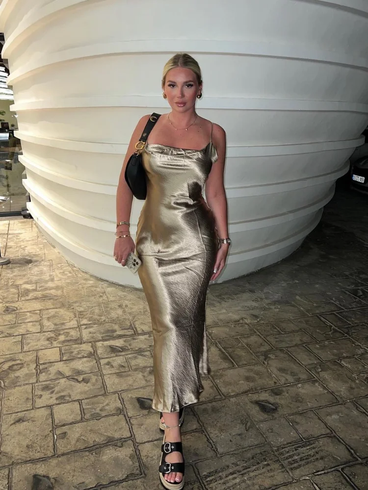 Sólido cetim estilingue maxi vestidos femininos moda elegante sem mangas fora do ombro sem costas vestidos de cintura alta 2025 senhora roupões de festa