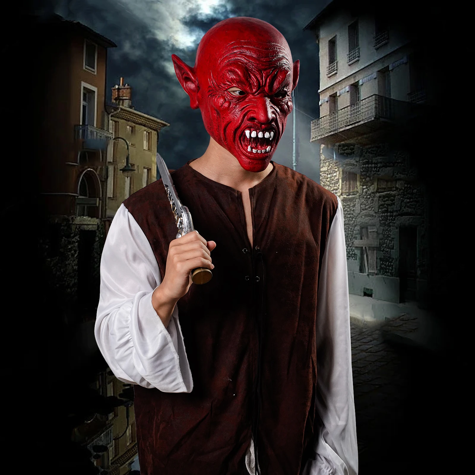 قناع جمجمة مرعب - إكسسوار أزياء الهالوين من اللاتكس مع خطر الأنياب وبقع الدم، مثالي للحفلات الرعب