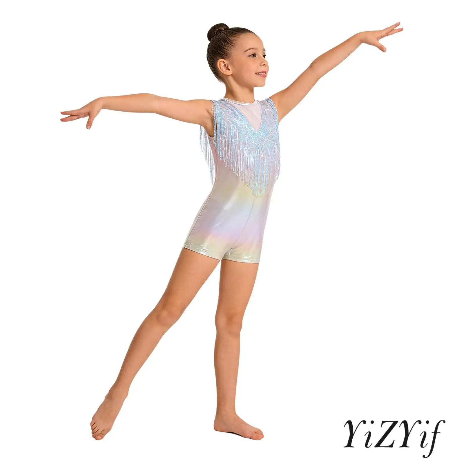 

Kids Girls Sequin Tassels Metallic Jazz Disco Party Jumpsuit Sleeveless Keyhole Back Mesh Patchwork Bodysuit Stage Dancewear