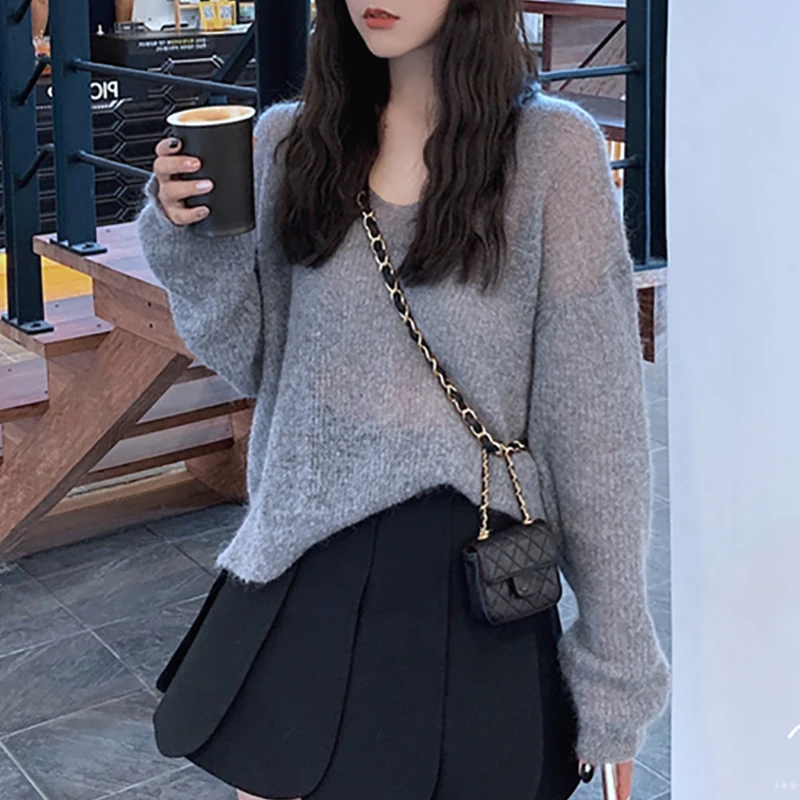 Woherb 2024 New Chic Mohair Thin Hollow Out Tops Women Capes Pullover Vintage Summer Jumper Femme Korean Crop Knitwear