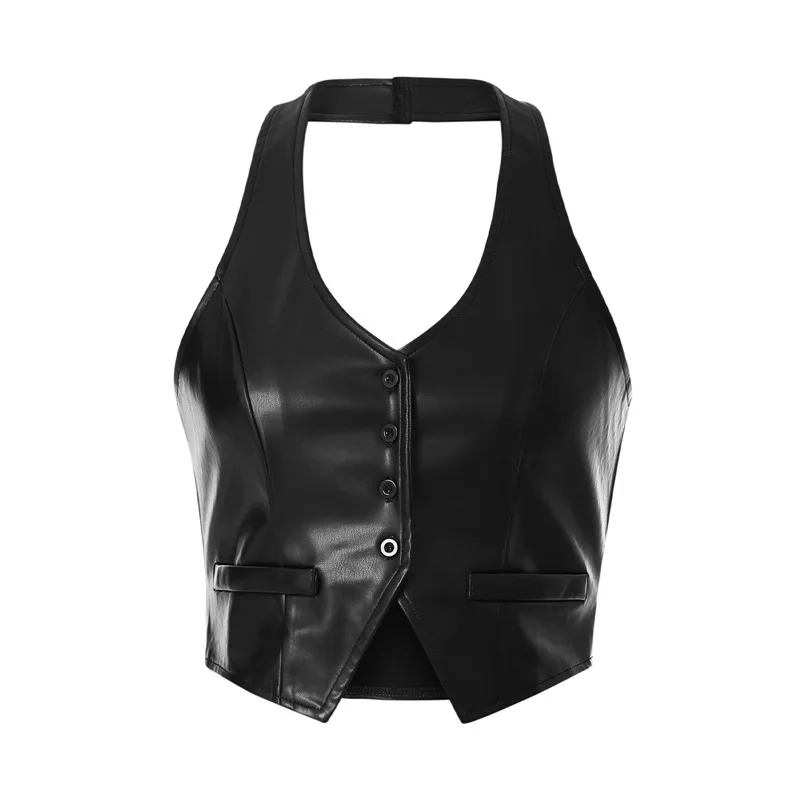 PU Leather Vest Vintage Women Sleeveless V Neck Button Tank Tops Dark Academia Waistcoat Female Summer Fall