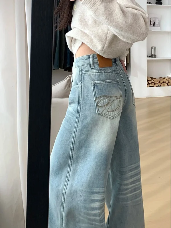 

Джинсы женские в американском ретро-стиле, осенне-зимние, свободные, прямые, широкие, в пол, с высокой талией, с вышивкой