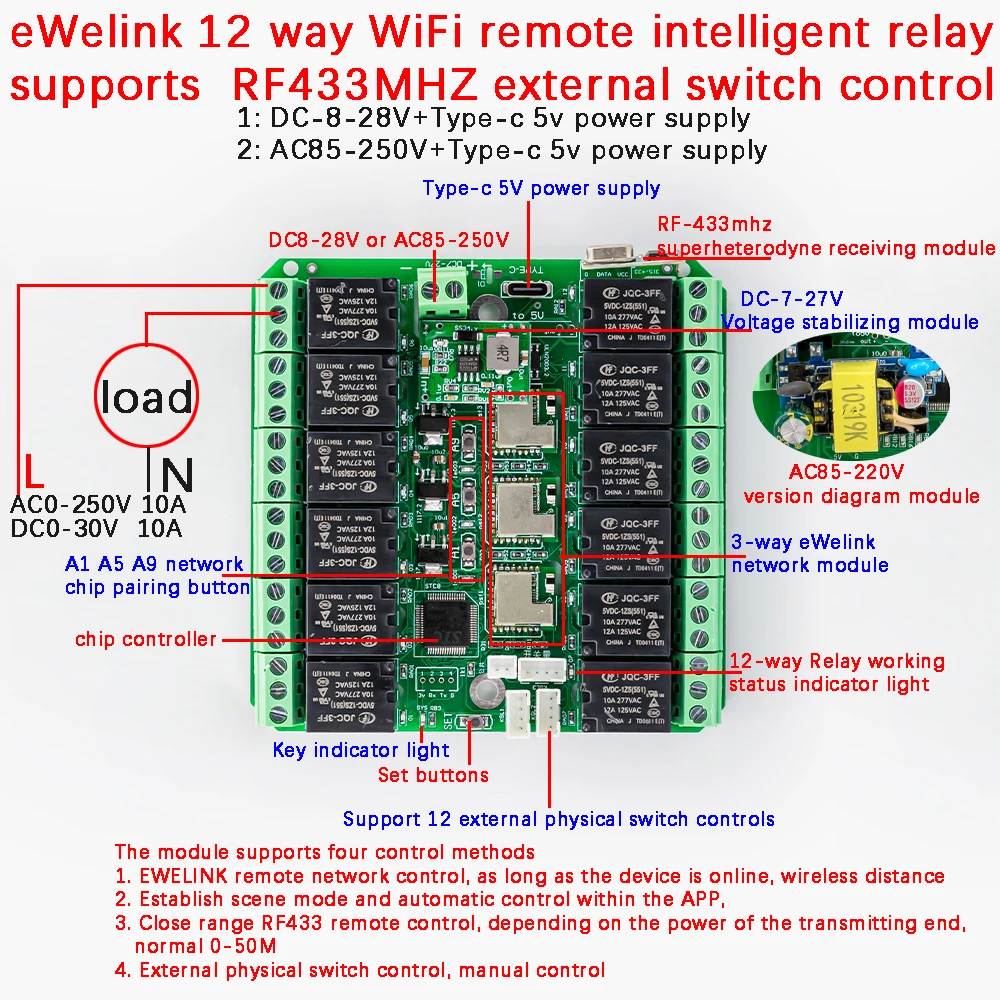 12 Channel WiFi Relay Module for eWeLink APP Remote Control Self-lock DC 8V-28V AC 85V-250V Wireless Switch for Smart Home