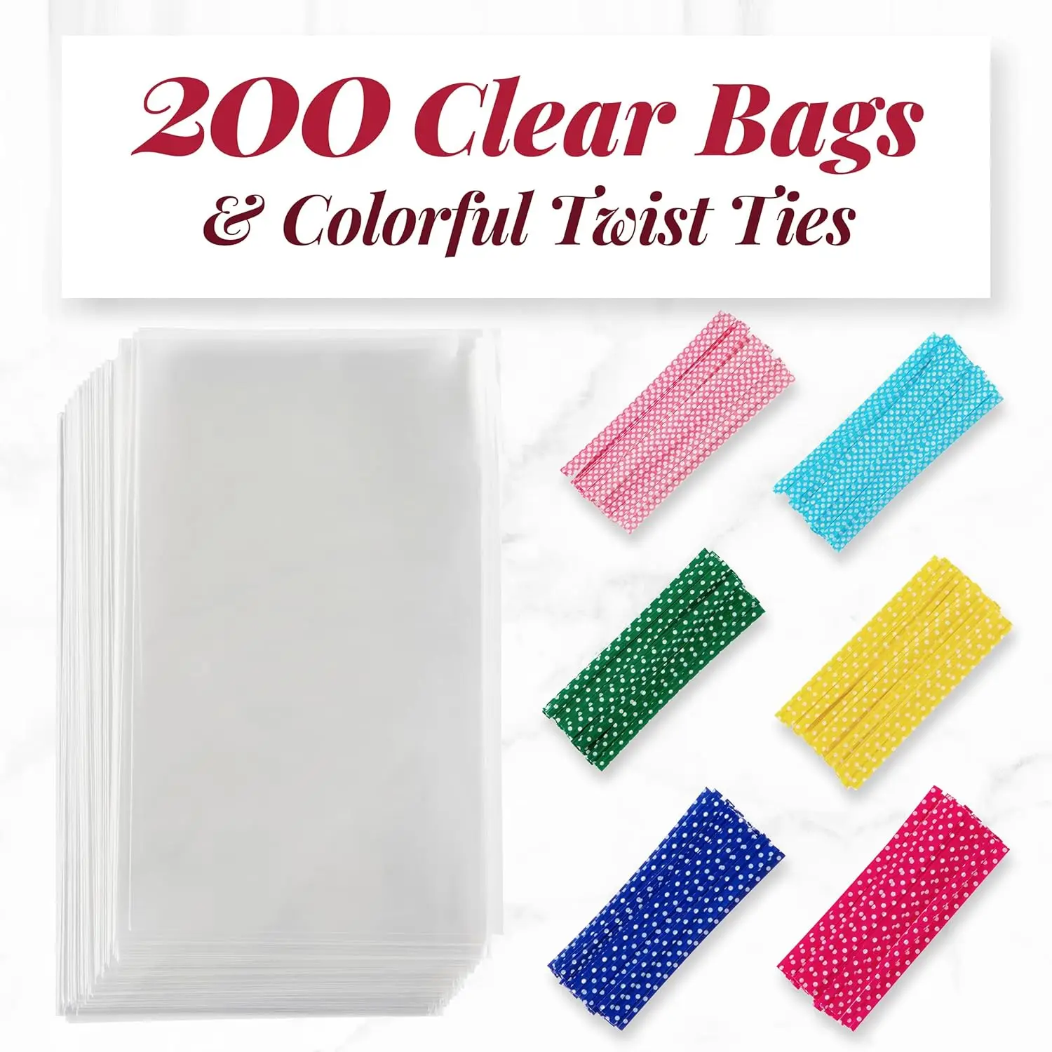 200 Pack Clear Cellophane Bags, 6x10 Inches - Transparent Goodie Bags with Twist Ties for Candy,Treats,and Party Favor Packaging