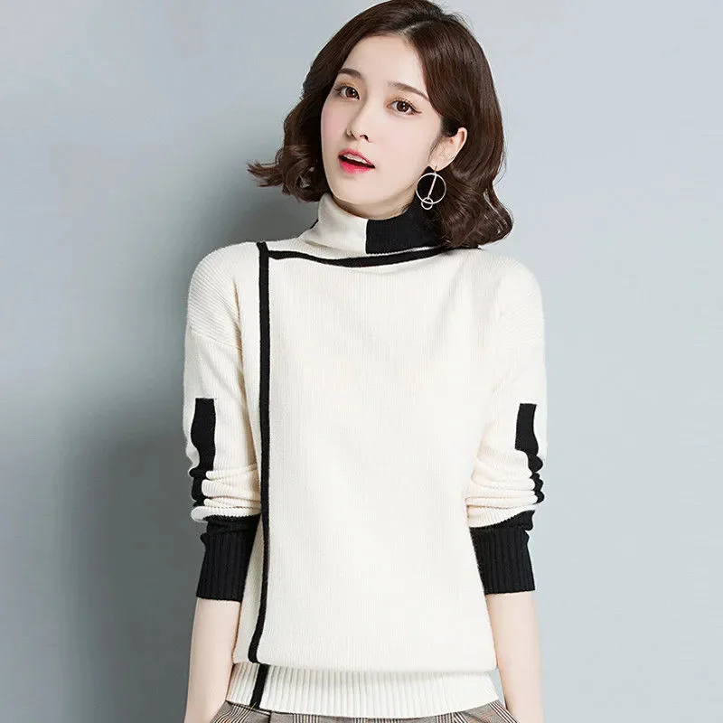 

Винтажный женский вязаный свитер с воротником, пуловеры, осень-зима, корейская мода, свободные повседневные теплые топы с длинными рукавами и цветными блоками
