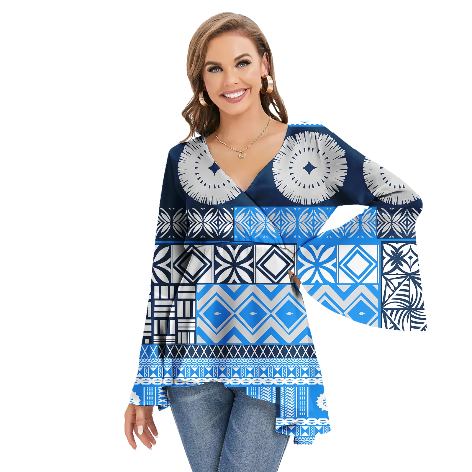 Polynesian Samoan style Print Ladies Chiffon Blouse Customized Chiffon Shirts For Women Blouses Long Sleeve Blouses