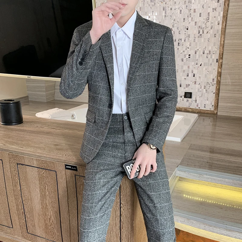 2023Men's fashion plaid (suit + trousers) suit Korean version slim business suit plankton handsome suit two-piece wedding dress