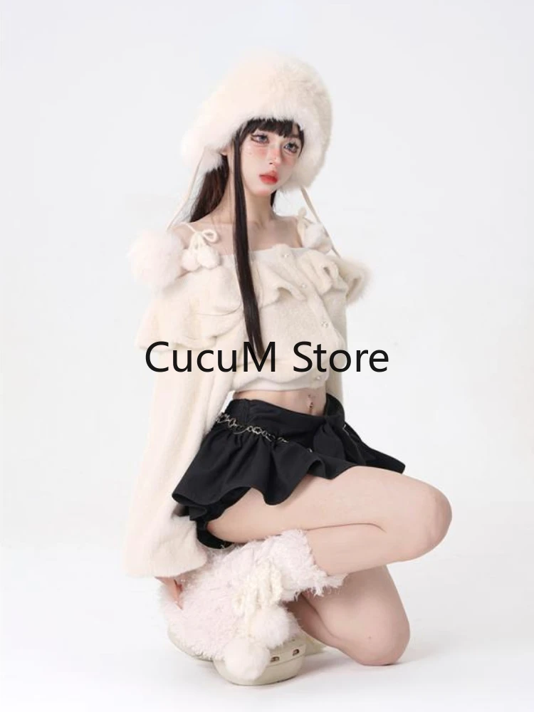 2023 New Japanese Fashion Women Suit Warm Kawaii Y2k Crop Tops Casual Black Slim Mini Skirt Outwear Harajuku Elegant 2 Piece Set