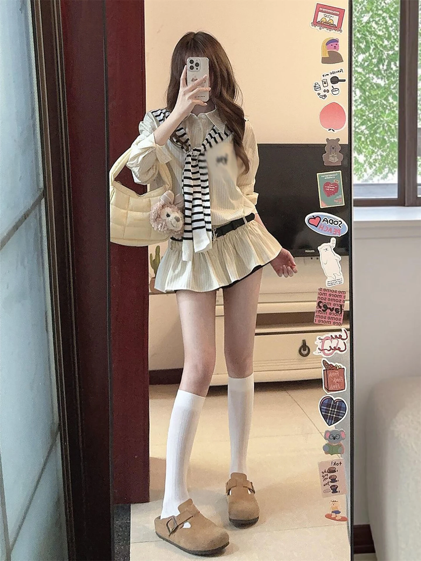 

Summer Fashionable Loose Neck Striped Shirt Short Skirt Set Black White Knitted Shawl Two Piece Ensemble Casual Wear