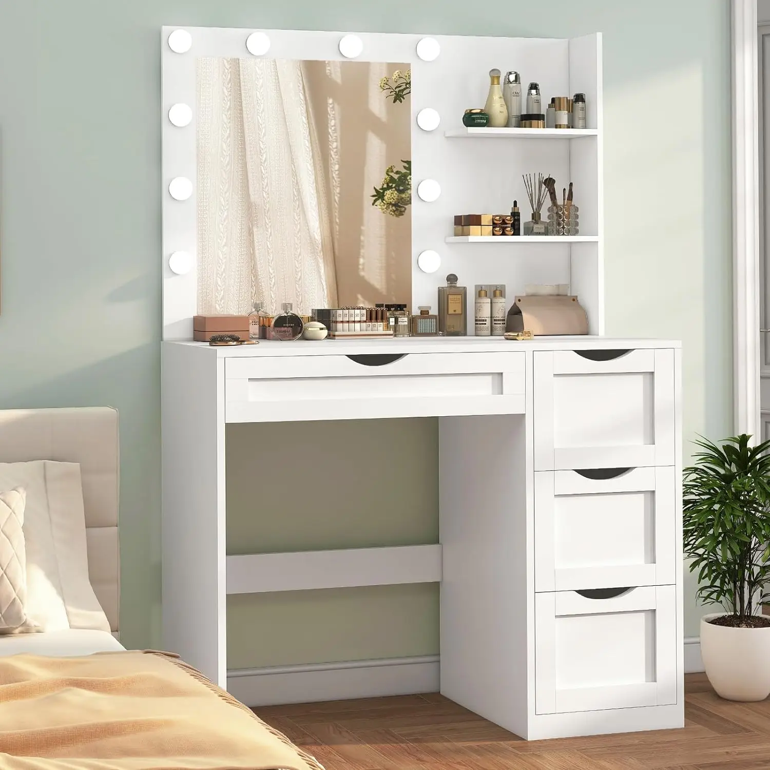 Makeup Vanity Desk with Mirror and 10 LED Lights, Makeup Vanity Table with 4 Drawers, Vanity Desk Dressing Table ,White