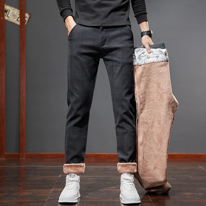 Pantaloni casual in pile da uomo stile classico Pantaloni casual slim dritti da lavoro scozzesi a righe moda Pantaloni da uomo di marca neri grigi