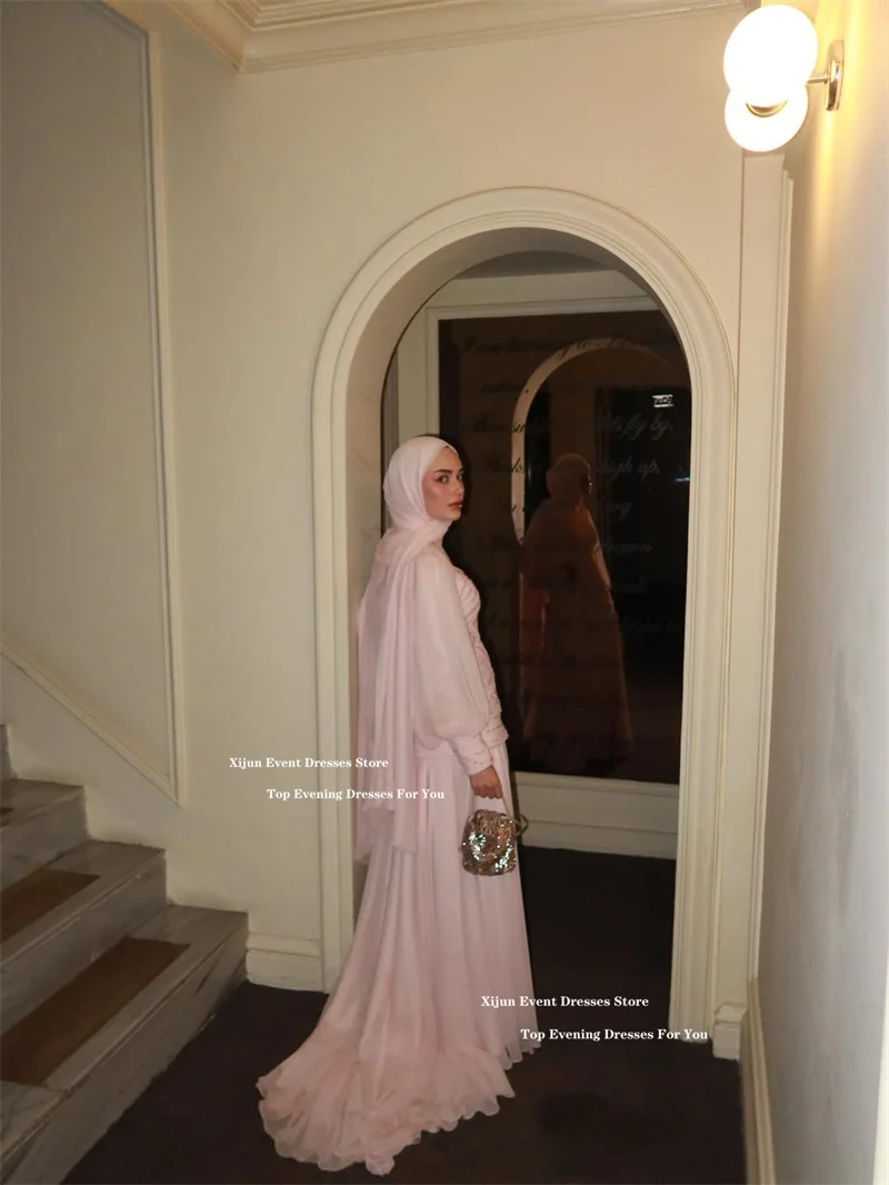 Xijun Modest Blush Pink Chiffon Evening Dresses Beading Pleated Full Sleeves Prom Dresses Luxury Dubai Prom Gowns Customized