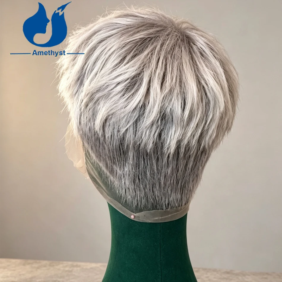 Amethyst Pre Styled White Men's Straight Short Cut Human Hair Wig Brazilian Remy 60# Silver Ash Blonde Full Lace Pre Plucked