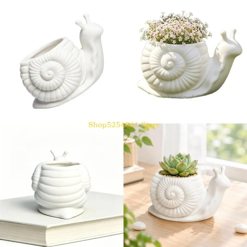 AXYC Raised-Shell Snail Plant Pot with Open Compartment and Textured Detail for Succulents, Artificial Foliage, and Indoor