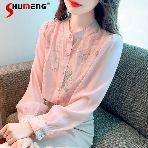 

Women's Embroidery Long Sleeve Shirt Spring and Autumn Top 2023 New Women's Fashion Beautiful Stand Collar Buttons Blouses