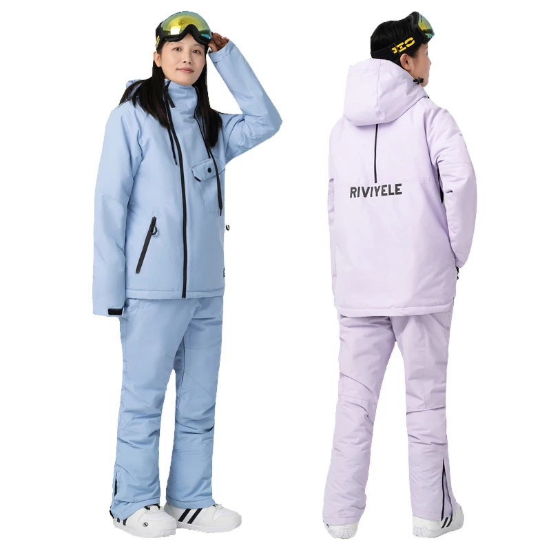 Couples Fashion Colorful Ski Jacket Bibs Pants Set Women Hooded Reflective Ski Wear Warm Waterproof Ski Suit Snowboard Equipment