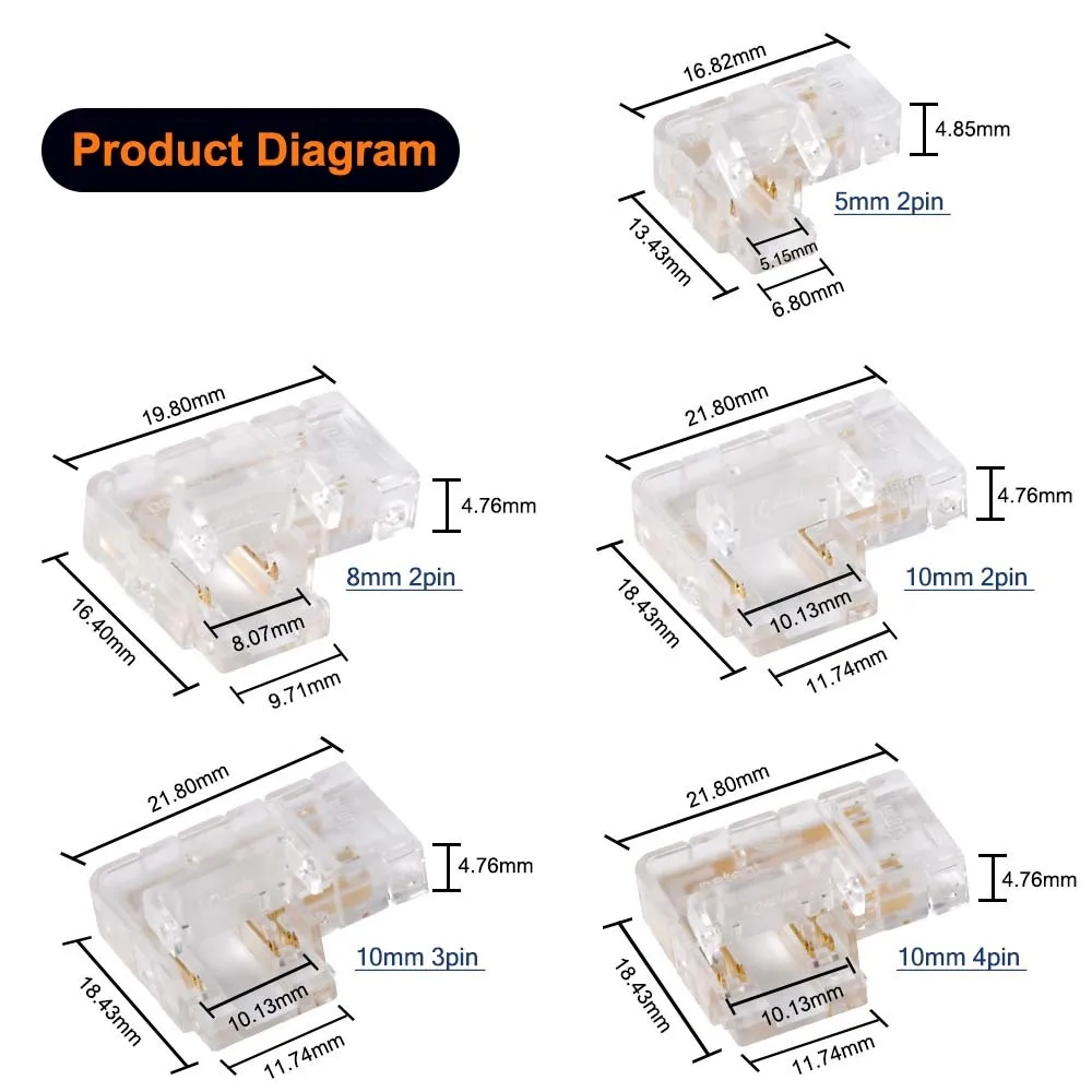 COB LED Connectors 90 Degree L Shape Corner 5/8/10mm Solderless For CCT FCOB RGB Strip Lights 2/3/4 Pin Connector Strip to Strip