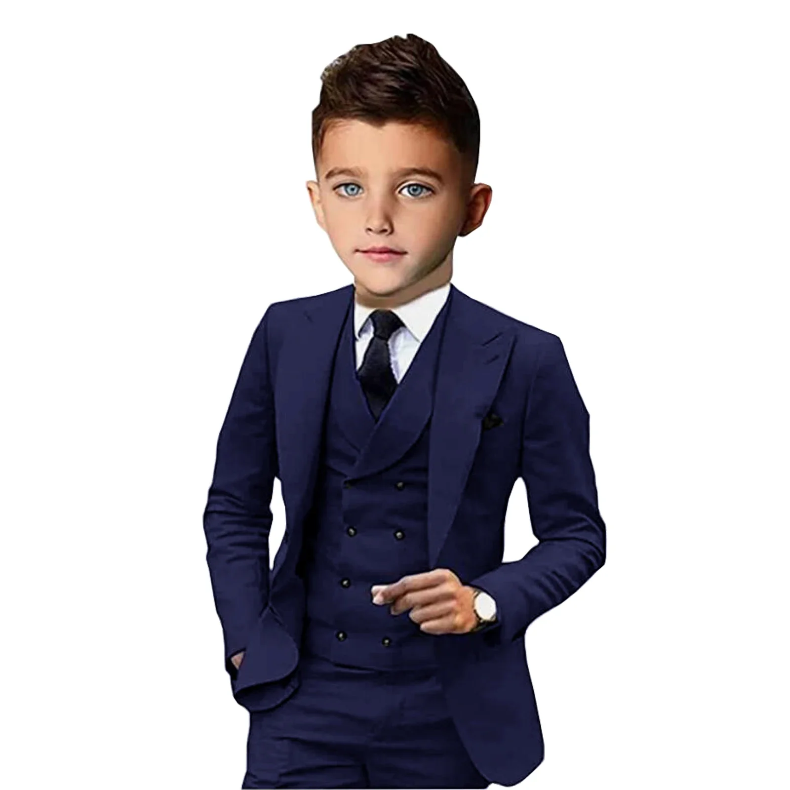 Formal Navy Blue Boys Suit 3 Piece Party Wedding Tuxedo Child Jacket Pants Vest Custom Made Kids Costume 2-16 Years Old