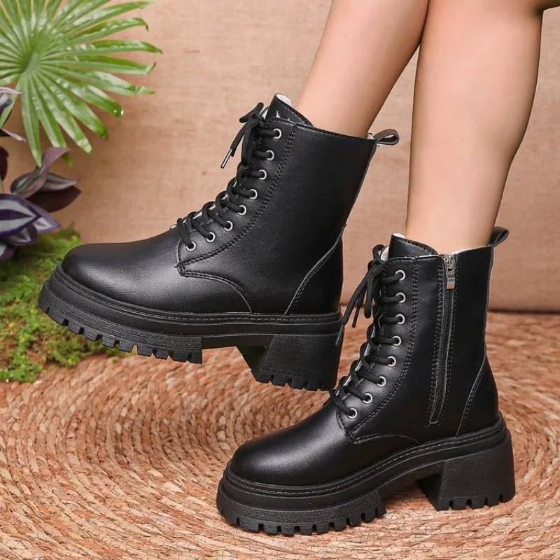 Winter Warm Short Plush Ankle Boots Women Fashion Zip Lace Up Platform Combat Boots Woman Comfy Low Heels Pu Leather Botas Mujer