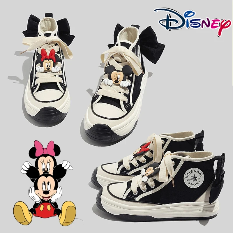 Disney New Mickey Minnie High Tops Canvas Shoes Women\'s Fashion Black Bow High-cut Shoes Non-slip Student Sports Shoes