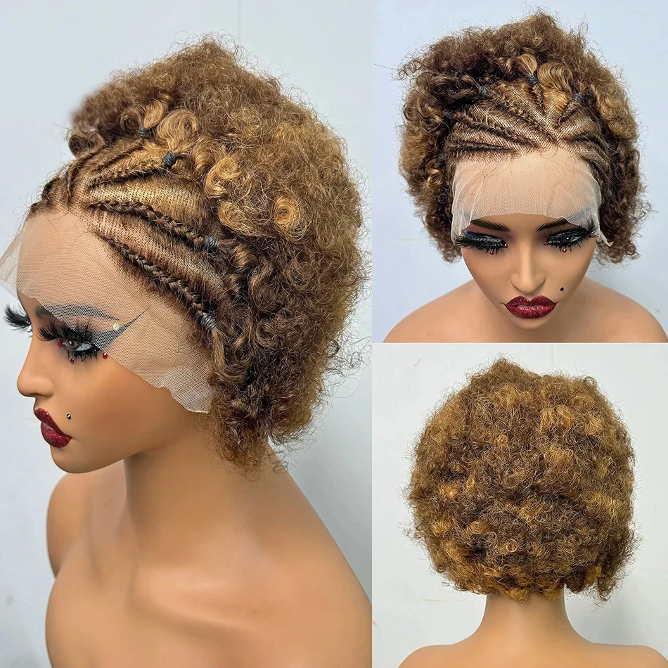 13x4 Lace Frontal Kurze Afro Kinky Curly Bob Geflochtene Haarperücke 8 Zoll Schwarze Echthaarperücke Vorgezupfte Federnde Lockige Perücke für Frauen – Detail 25