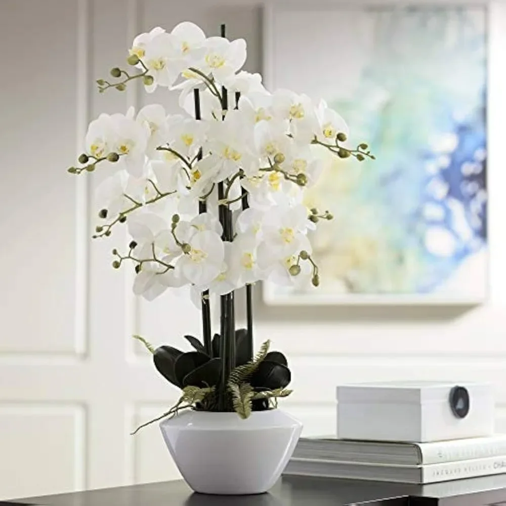 

Potted Faux Artificial Flowers Arrangements Realistic White Phalaenopsis Orchid in White Ceramic Pot