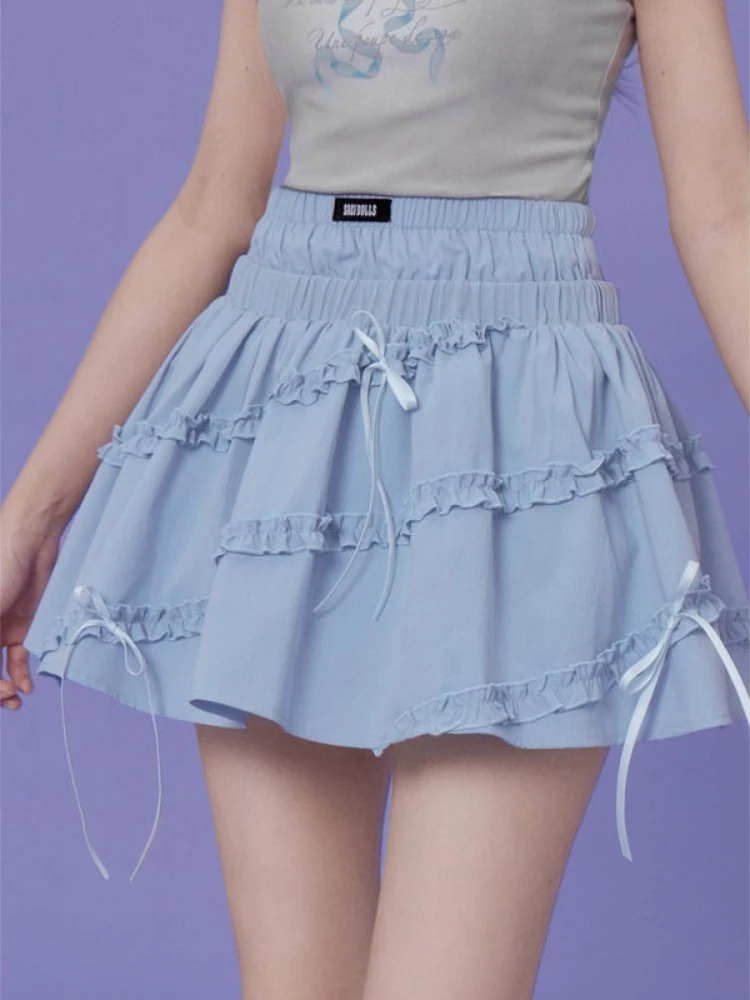 

Blue Summer Kawaii Lolita Skirt Women Elastic France Casual bow elastic Cake Skirt Female Lace Japanese Elegant Party Mini Skirt