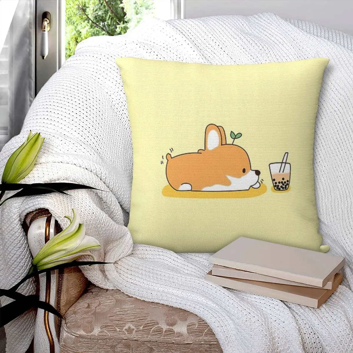 Funda de almohada cuadrada Corgi y Bubble Tea, funda de almohada de poliéster con cremallera, cojín decorativo cómodo para el hogar y el dormitorio