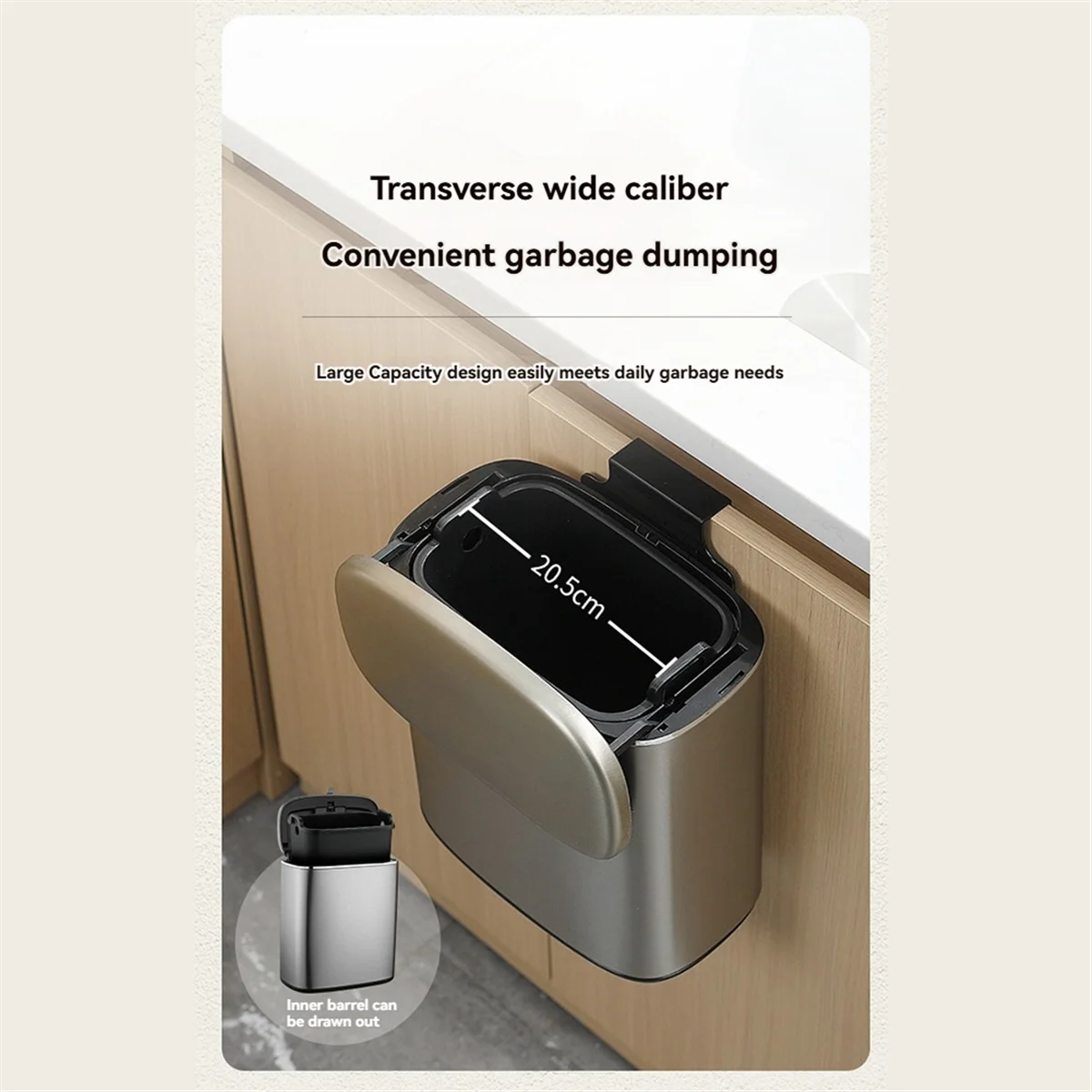 Cubo de basura colgante de 8L para puerta de armario de cocina con tapa, cubo de basura, mostrador de pared, luz de cubo de Compost