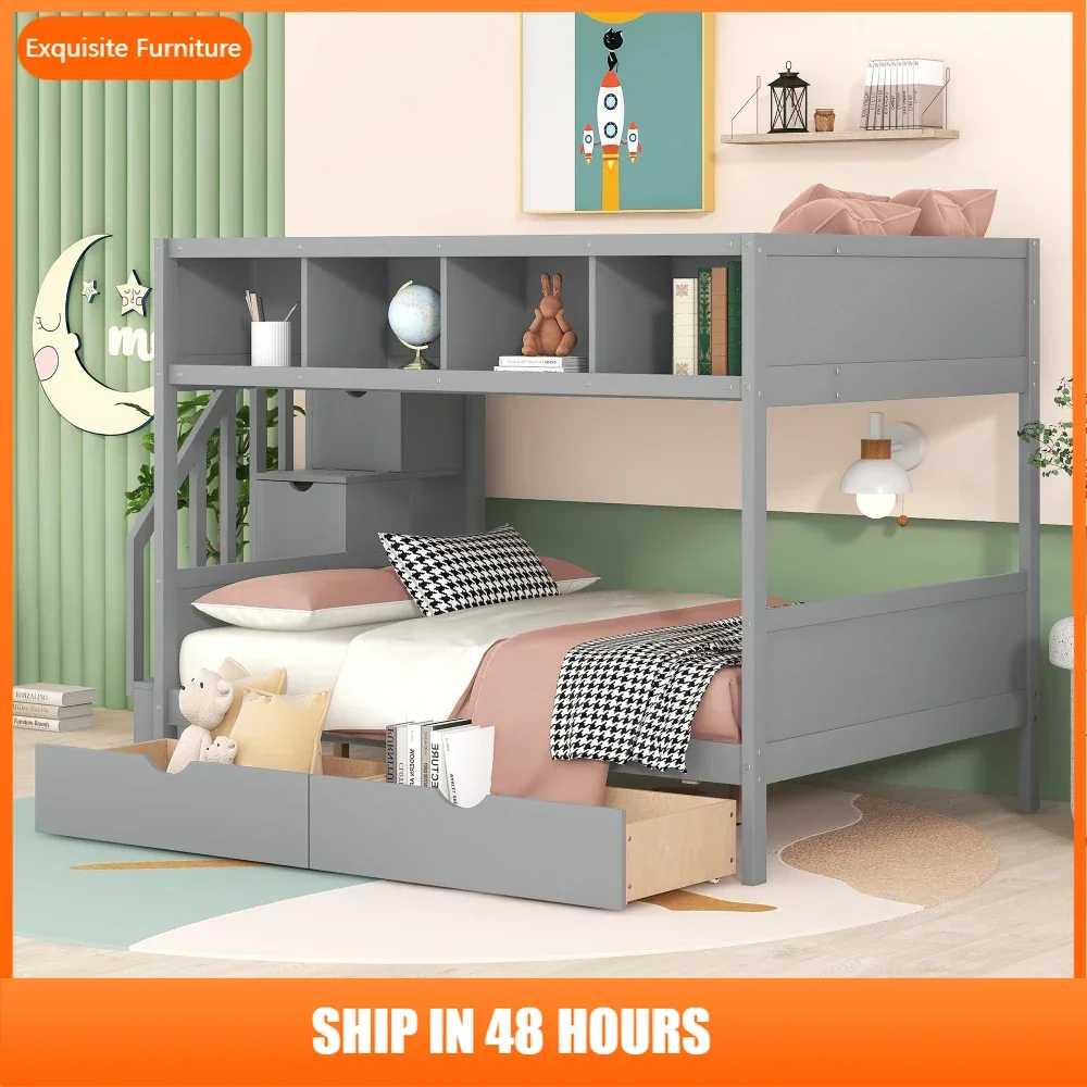 

Twin over Full Bunk Bed with Shelfs, Storage Staircase and 2 Drawers, Gray