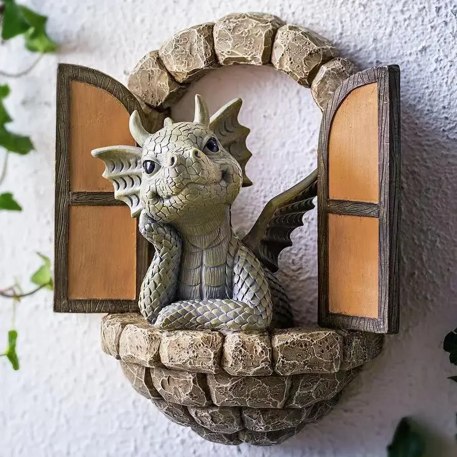 Dinosaur Garden Ornaments, Climbing Window, Resin Handicraft, Reading Dragon Door, Figurine, Home Accessories