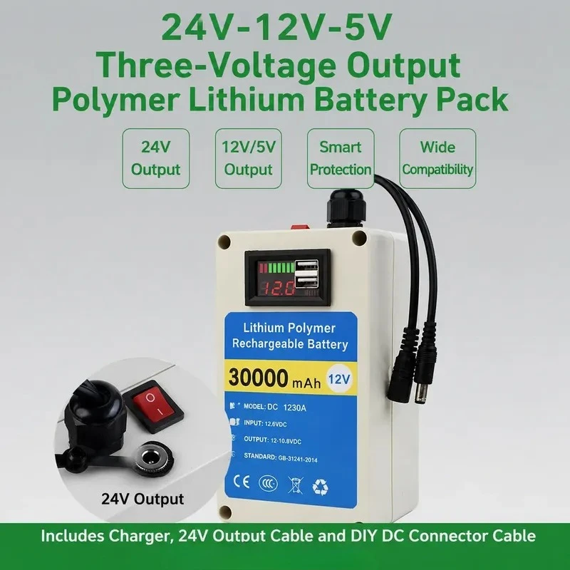 24V Polymer Lithium Battery for Outdoor Use Large Capacity Rechargeable Power Supply for 12V Monitoring Audio LED Light Box