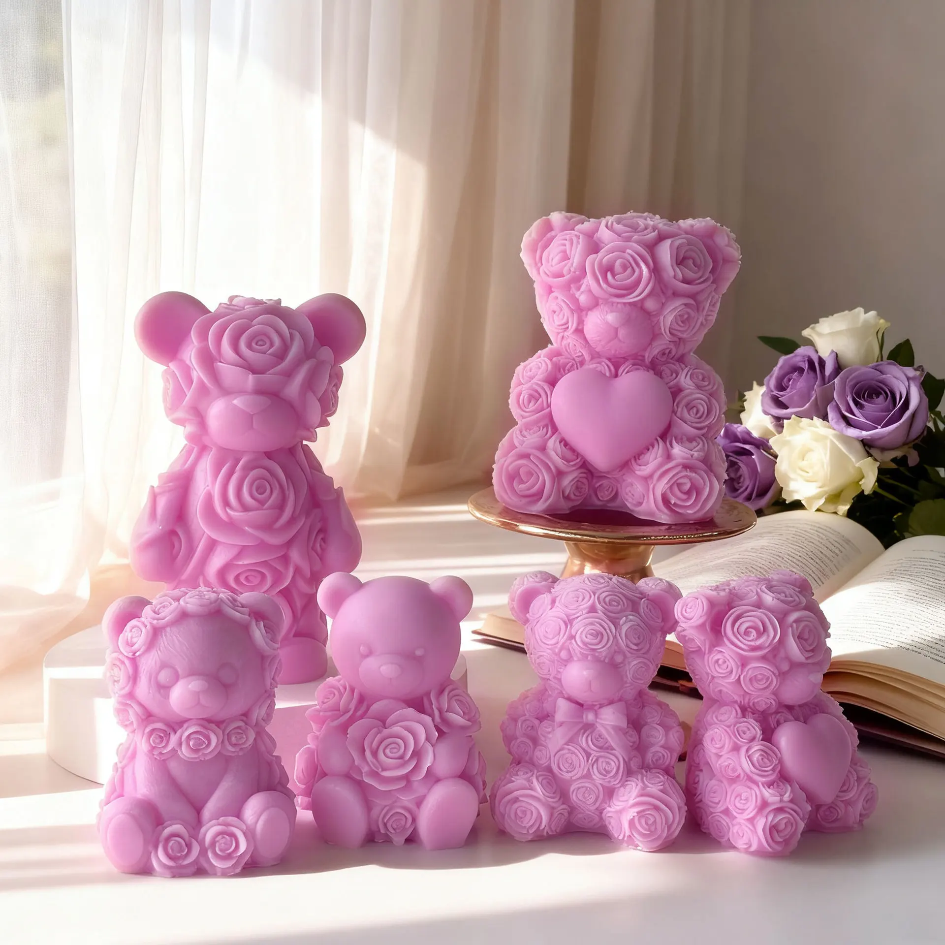 Rose Bear Silicone Mold Valentine Candle Wax Mold DIY Aromatherapy Plaster Diffuser Stone Craft Gift